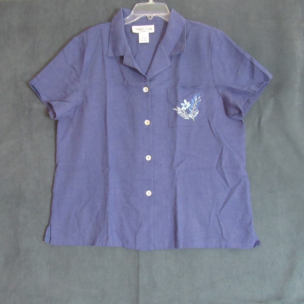 Simply Susan Top Womens Large Blue Floral Embroidered Button Cottagecore Granny